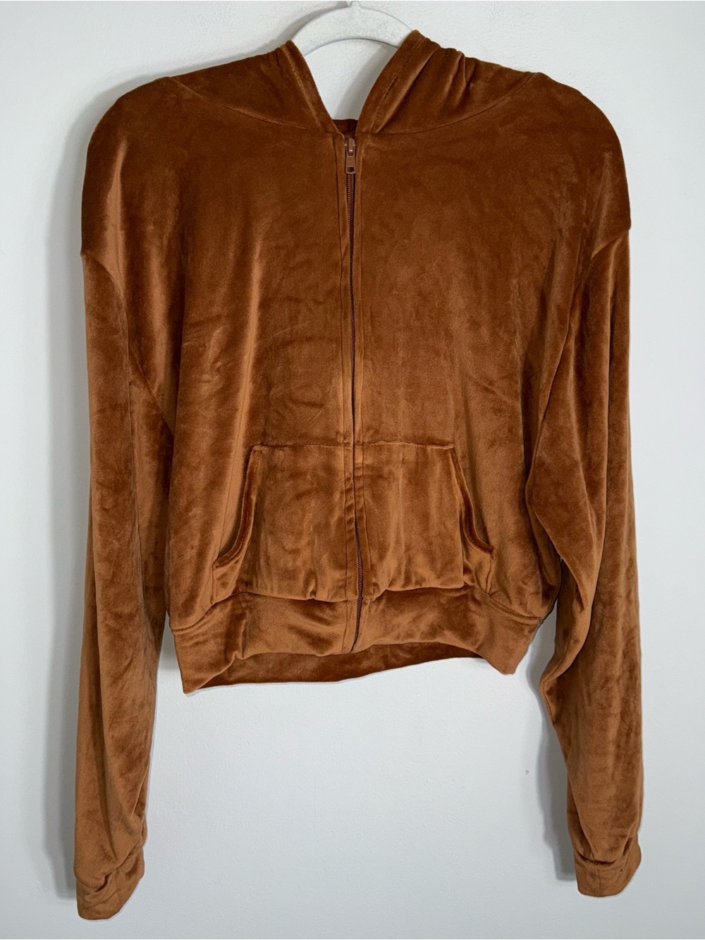 SKIMS Women's Velvet Velour Full Zip Hoodie-Cropped-Brown-Size 2X